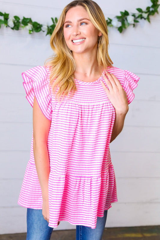 Bright Pink Gingham Pucker Yoke Top