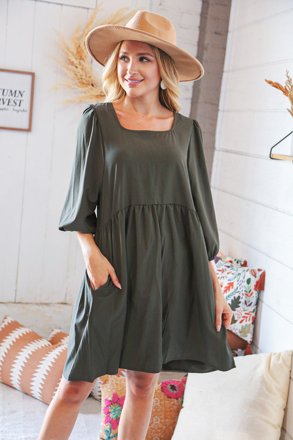 Moss Square Neck Three-Quarter Sleeve Woven Dress