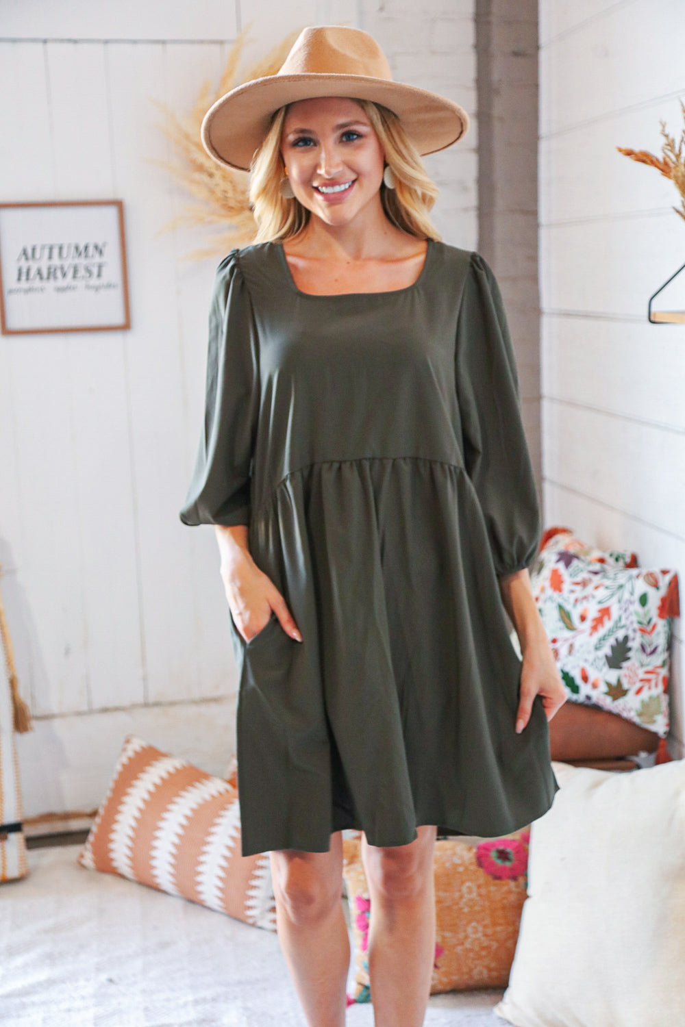 Moss Square Neck Three-Quarter Sleeve Woven Dress