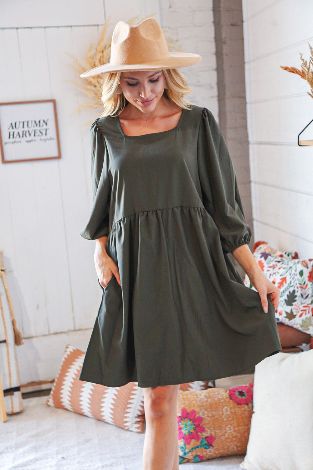 Moss Square Neck Three-Quarter Sleeve Woven Dress