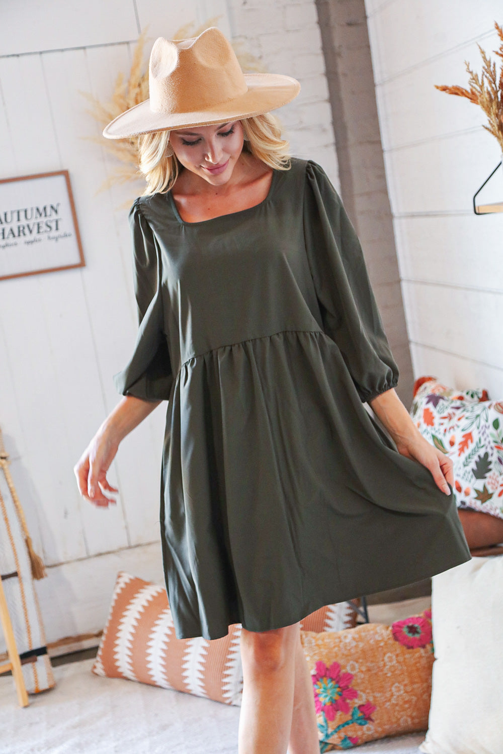 Moss Square Neck Three-Quarter Sleeve Woven Dress