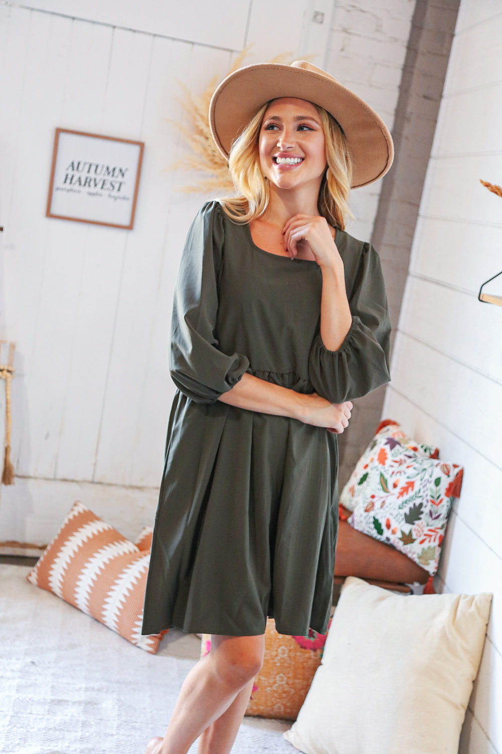 Moss Square Neck Three-Quarter Sleeve Woven Dress