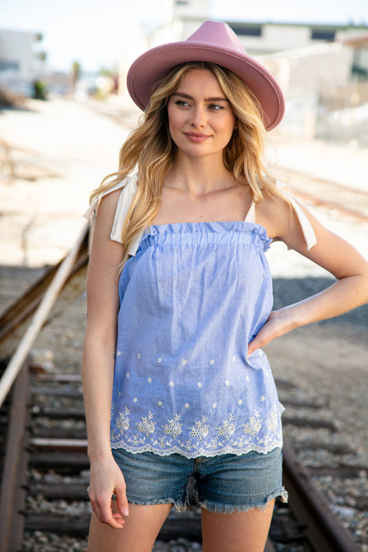 Bohemian Embroidered Sash Tie Strap Blouse
