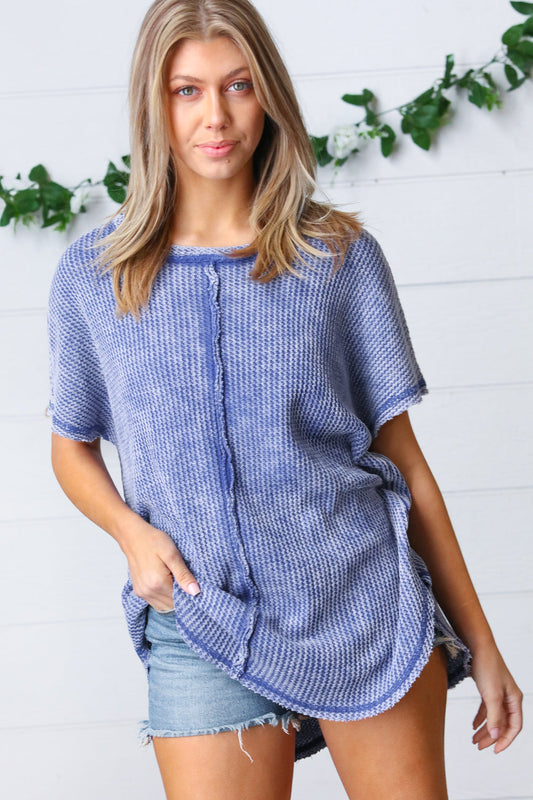 Washed Blue Baby Waffle Short Sleeve Top