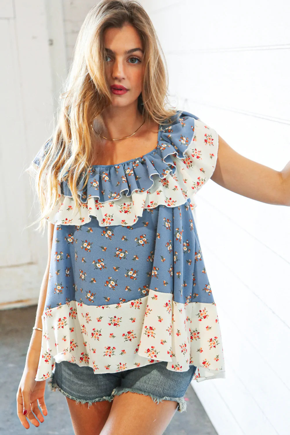 Sky Blue Ruffle Floral Color Block Woven Blouse
