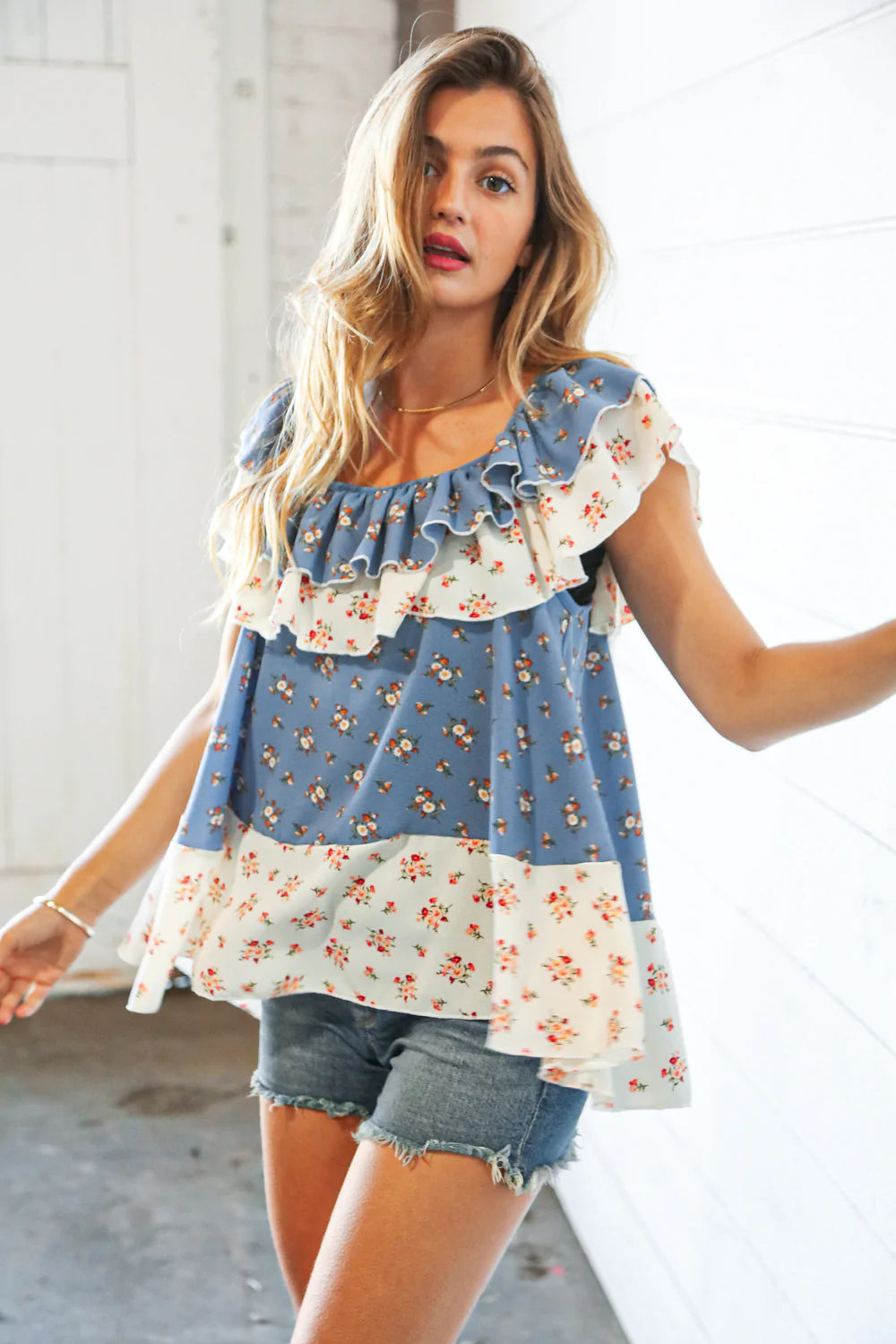 Sky Blue Ruffle Floral Color Block Woven Blouse