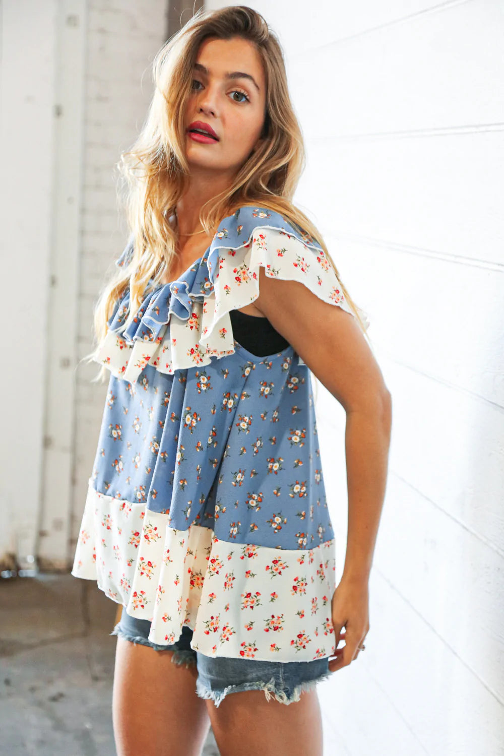 Sky Blue Ruffle Floral Color Block Woven Blouse