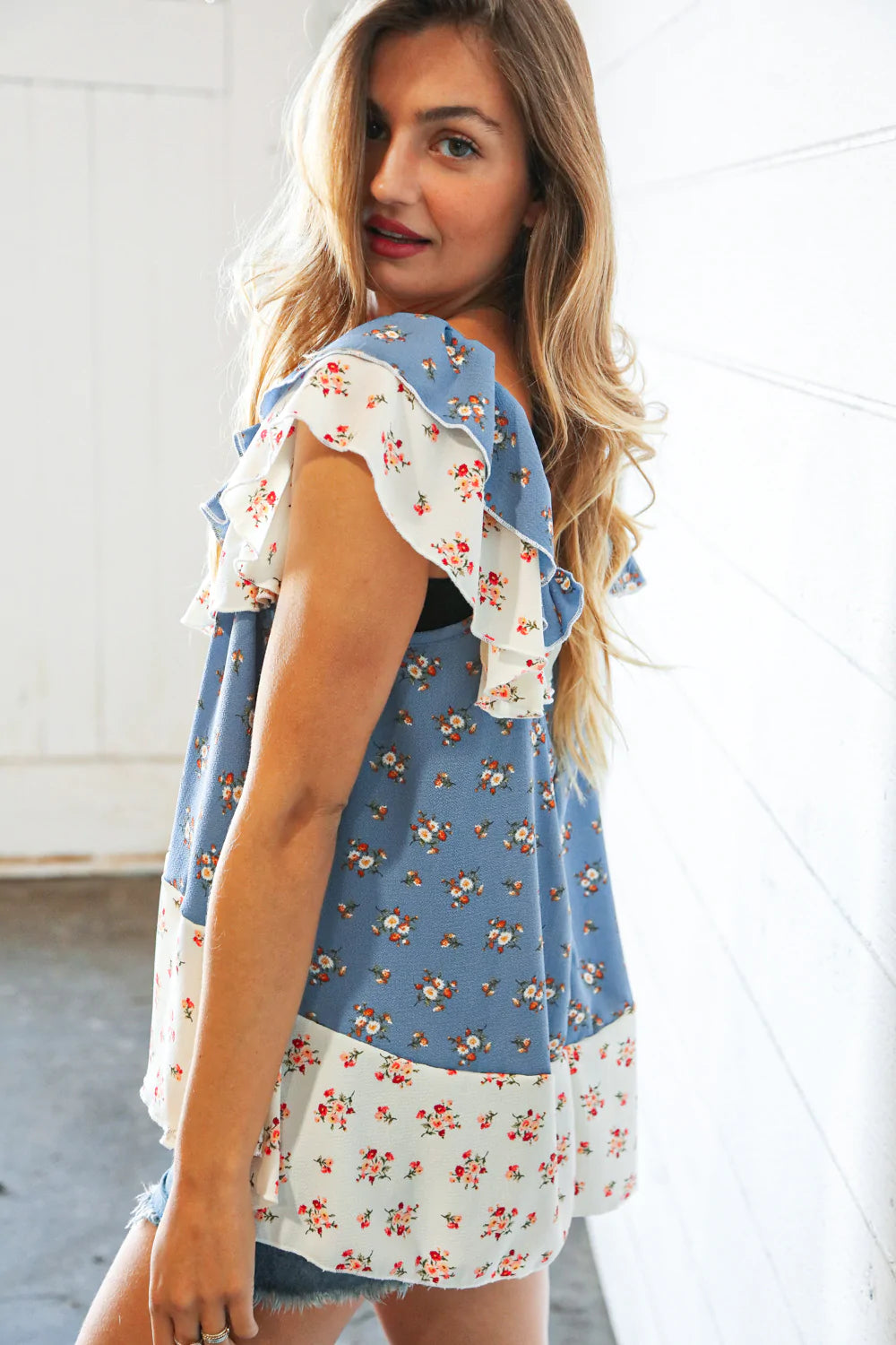 Sky Blue Ruffle Floral Color Block Woven Blouse