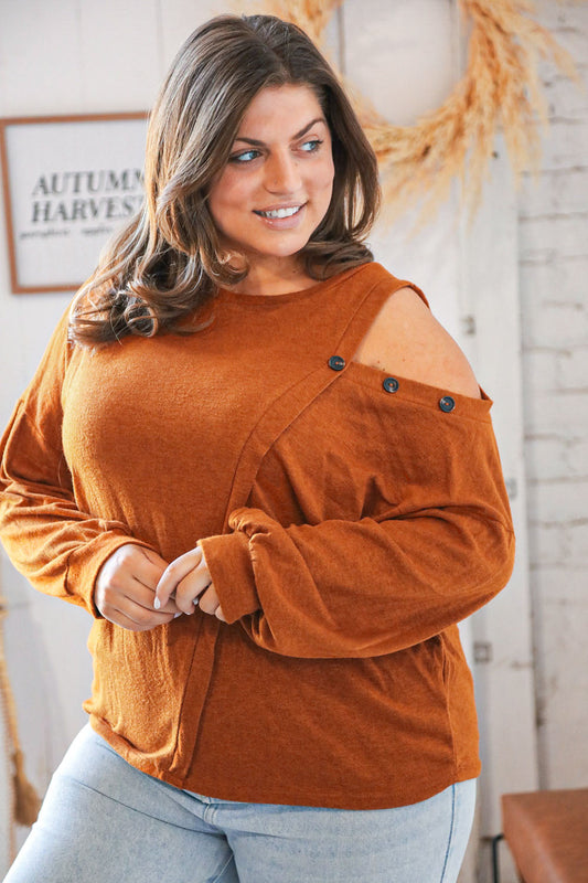 Camel Cold Shoulder Hacci Sweater Top