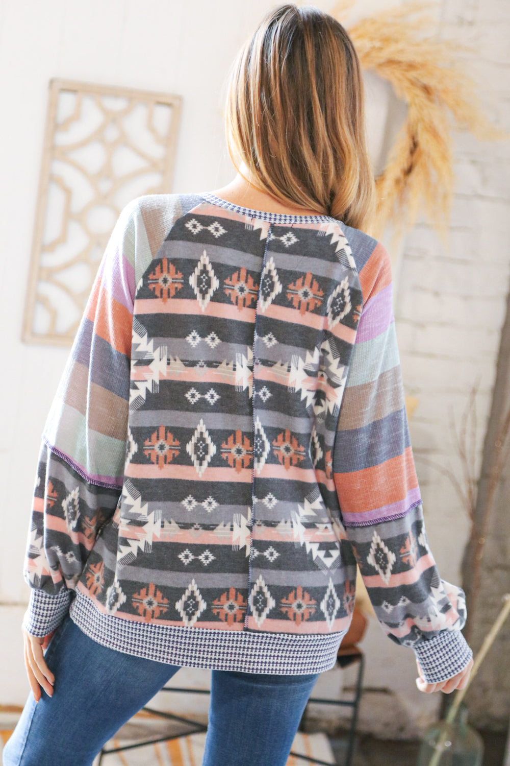 Grey Aztec Hacci Multi Color Stripe Raglan Pullover