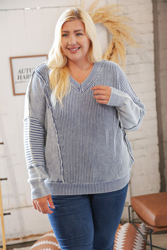 Blue Washed V Neck Loose Rib Knit Sweater