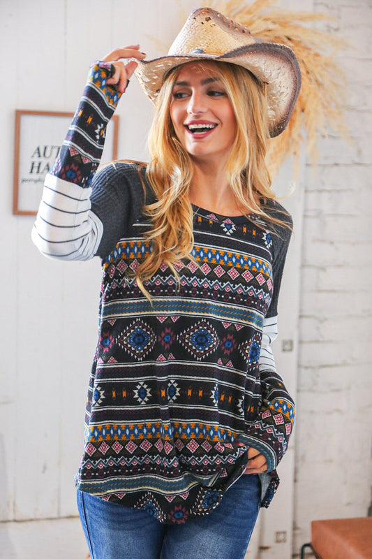 Tribal Raglan Color Block Sleeve Top