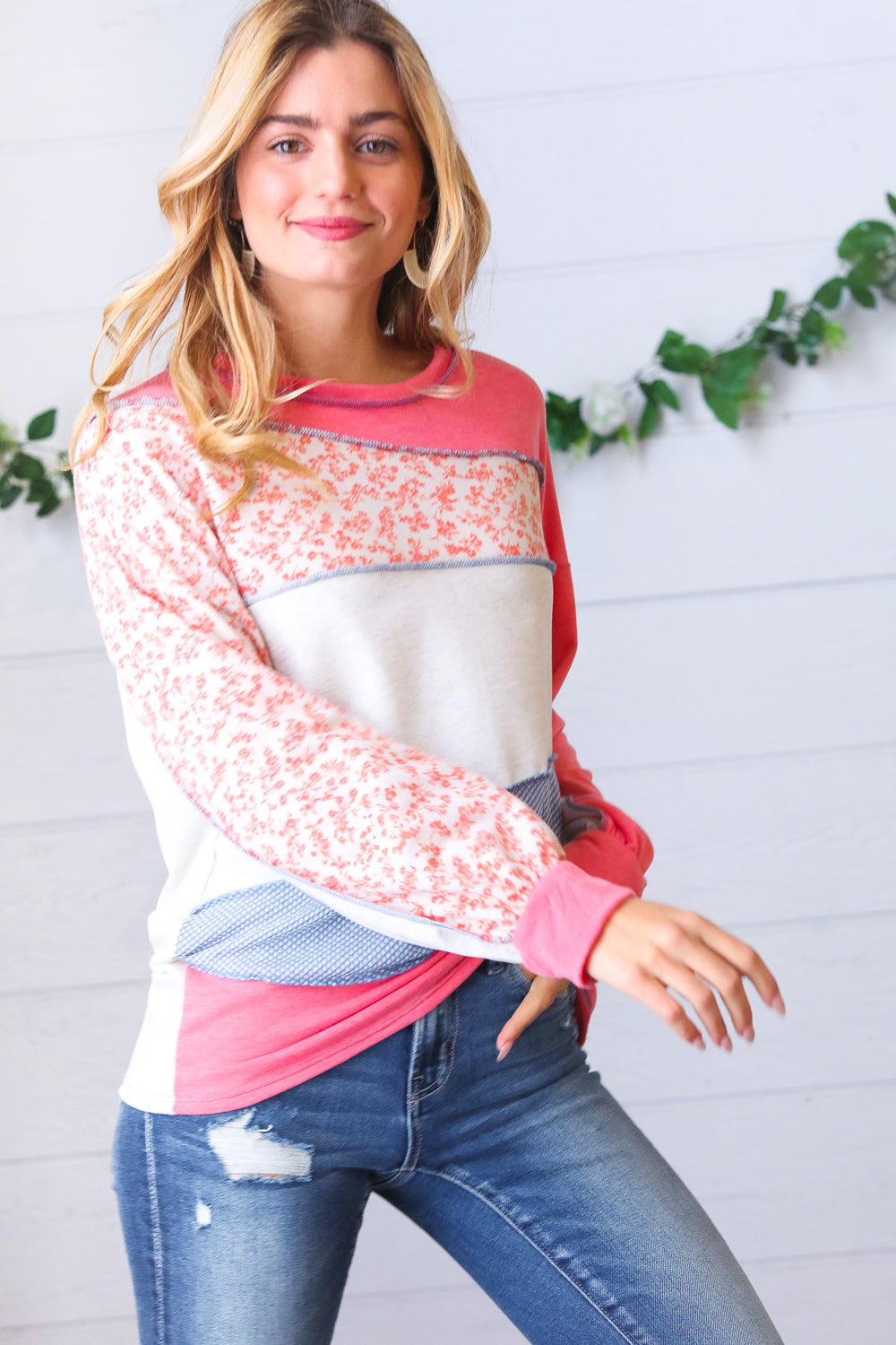 Coral Patchwork Two Tone Floral Outseam Top
