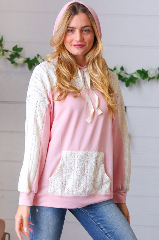 Blush Ivory Eyelet Lace Color Block Pullover Hoodie