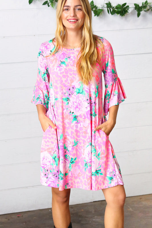 Pink Floral & Animal Print Bell Sleeve Dress