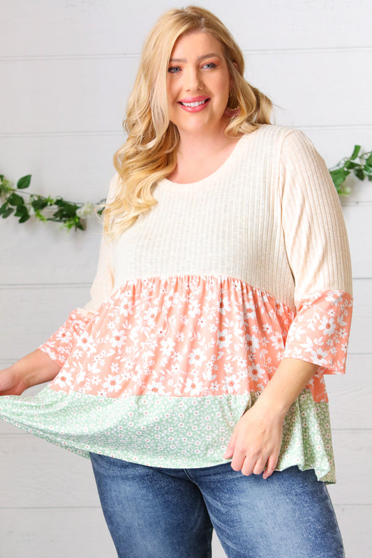 Oatmeal Rib Floral Tiered Babydoll Color Block Top