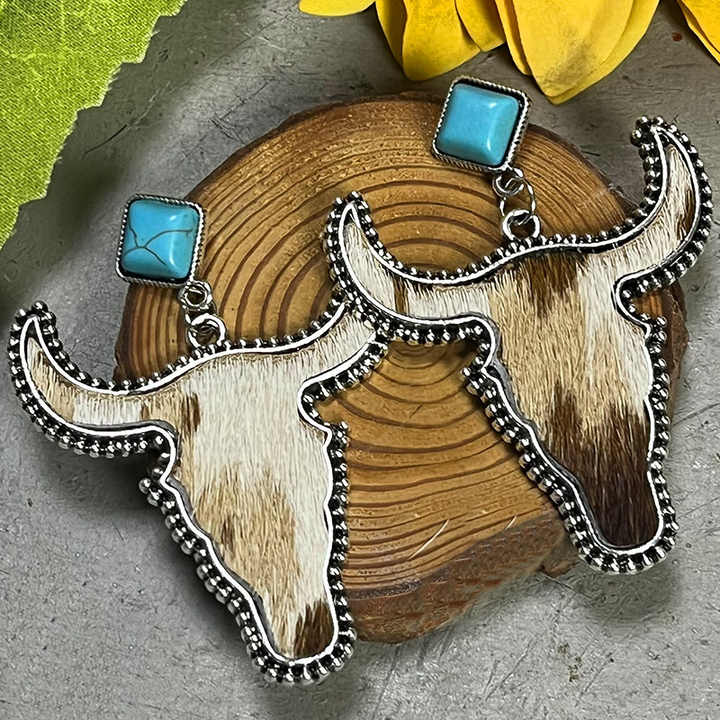 Southwestern Brown Cowhide & Stone Bling Dangle Earrings