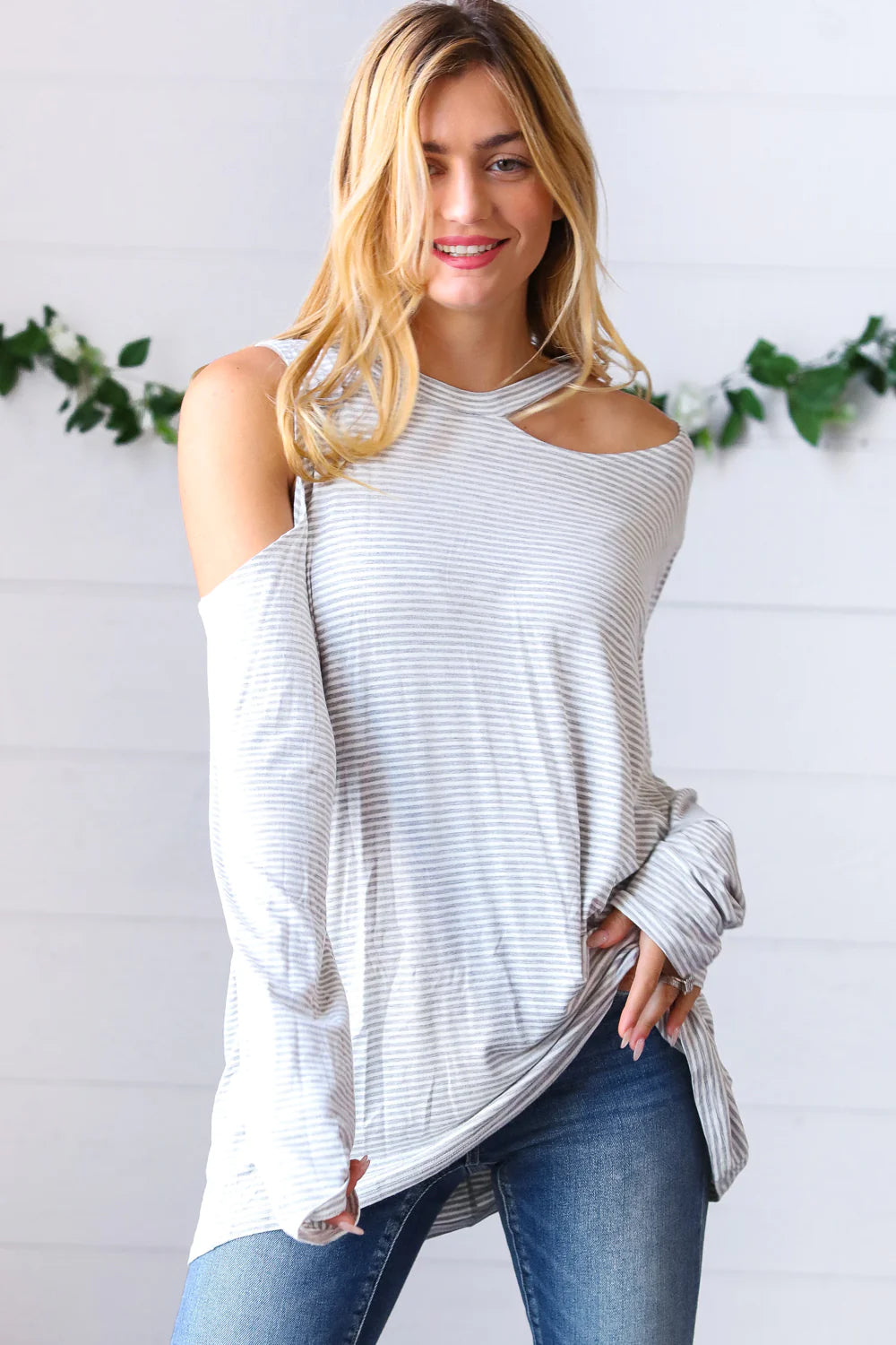 PLUS HEATHER GREY & IVORY STRIPE COLD SHOULDER CUT OUT TOP