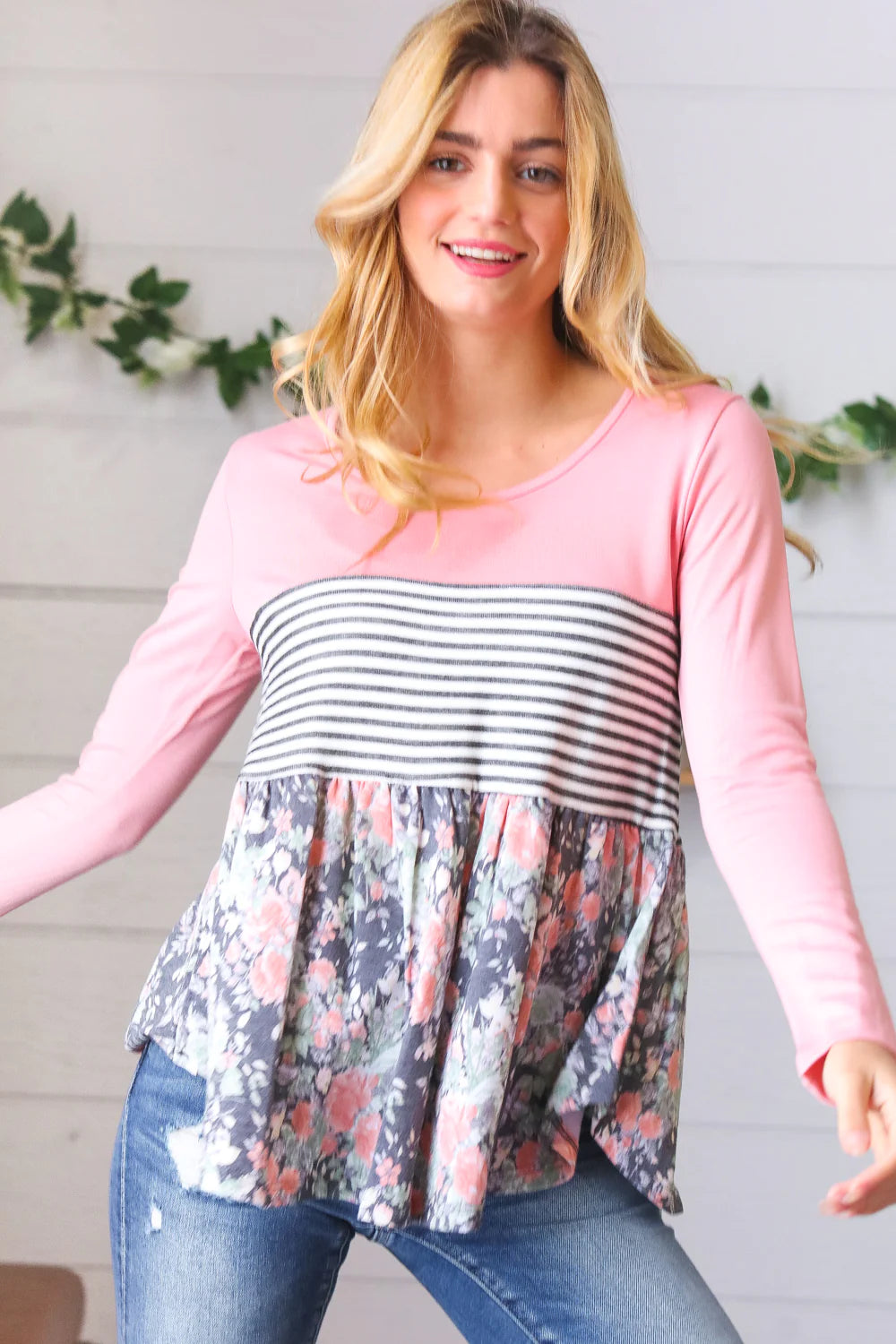 PINK STRIPE FLORAL PRINT COLOR BLOCK TOP