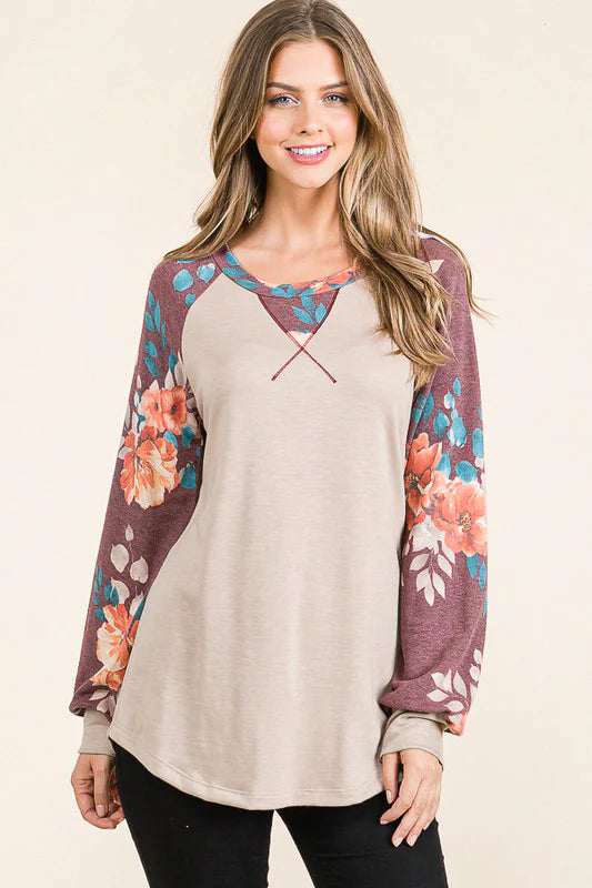 TAUPE & BURGUNDY FLORAL RAGLAN TOP