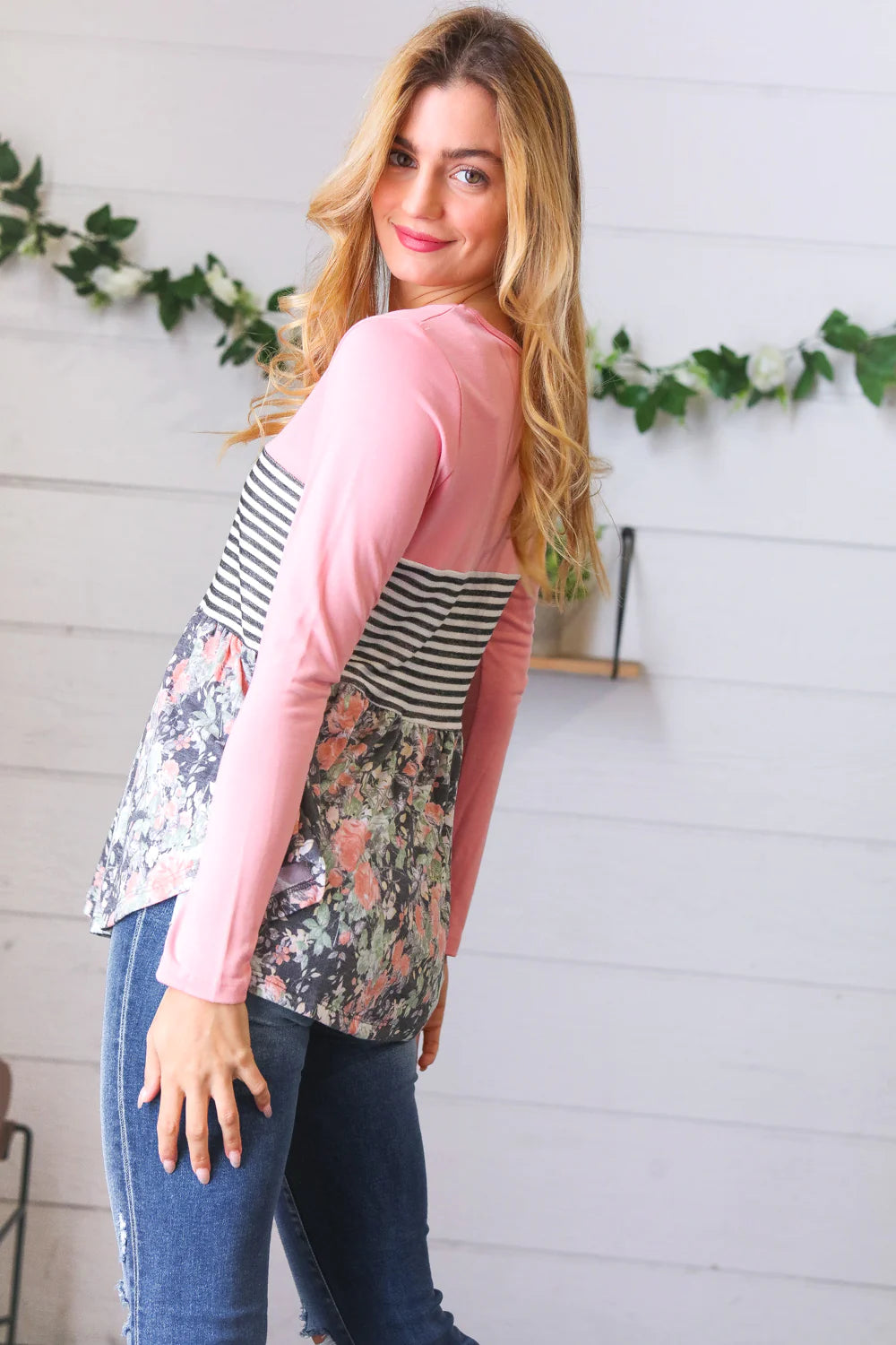 PINK STRIPE FLORAL PRINT COLOR BLOCK TOP