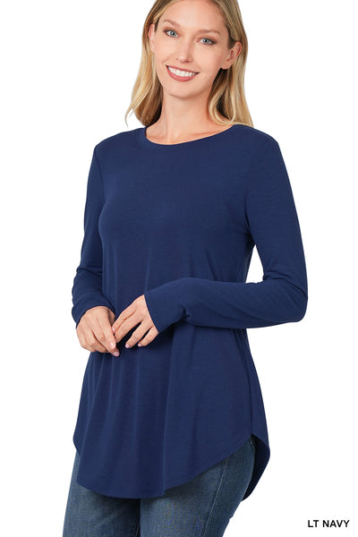 Zenana LONG SLEEVE ROUND NECK ROUND HEM TOP