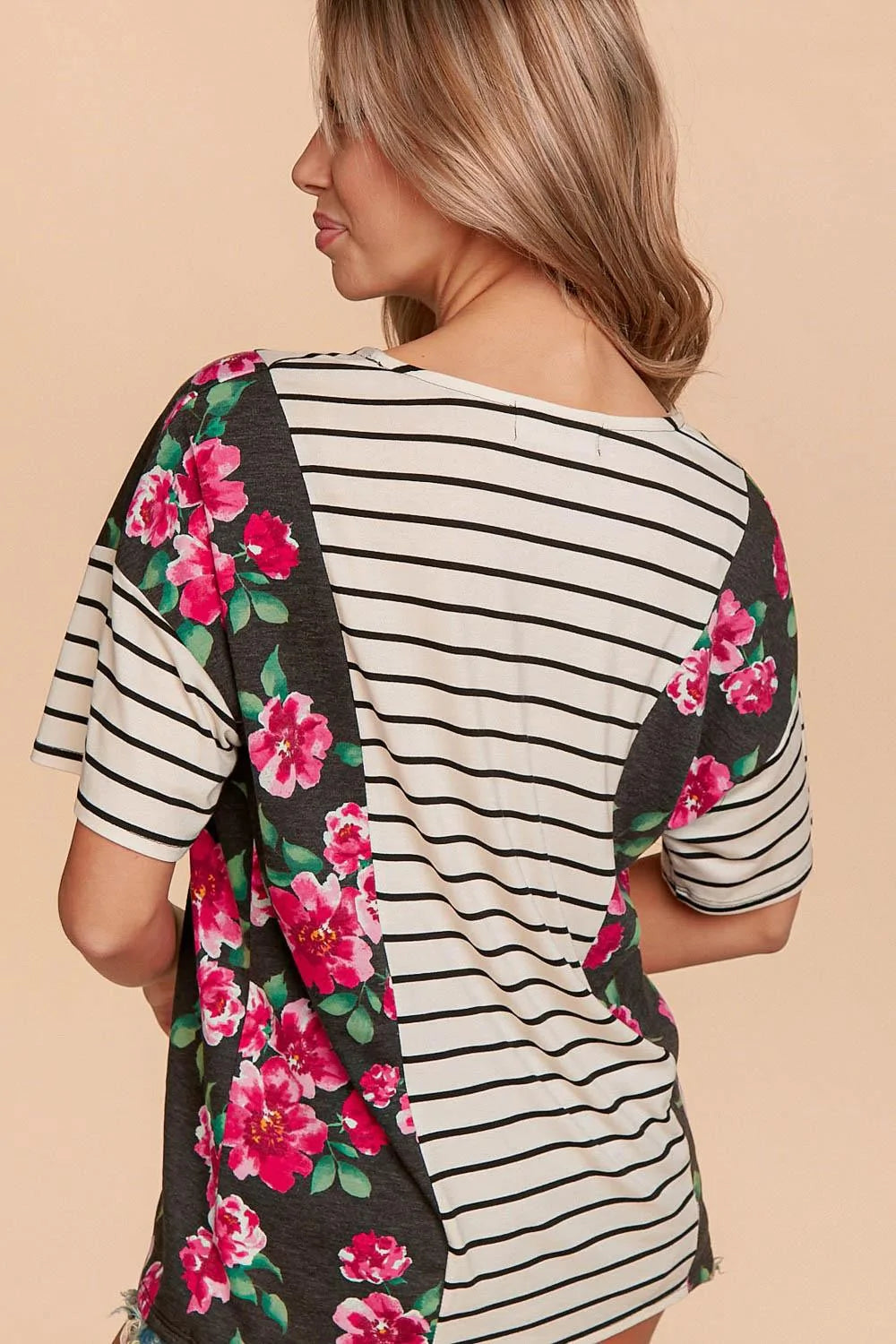 IVORY BLACK & FUCHSIA CRISS CROSS DETAIL STRIPE FLORAL TOP