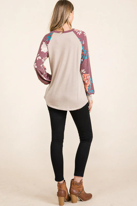 TAUPE & BURGUNDY FLORAL RAGLAN TOP