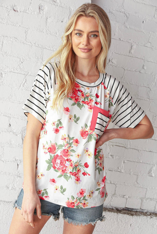 Floral Stripe Short Sleeve Double Pocket