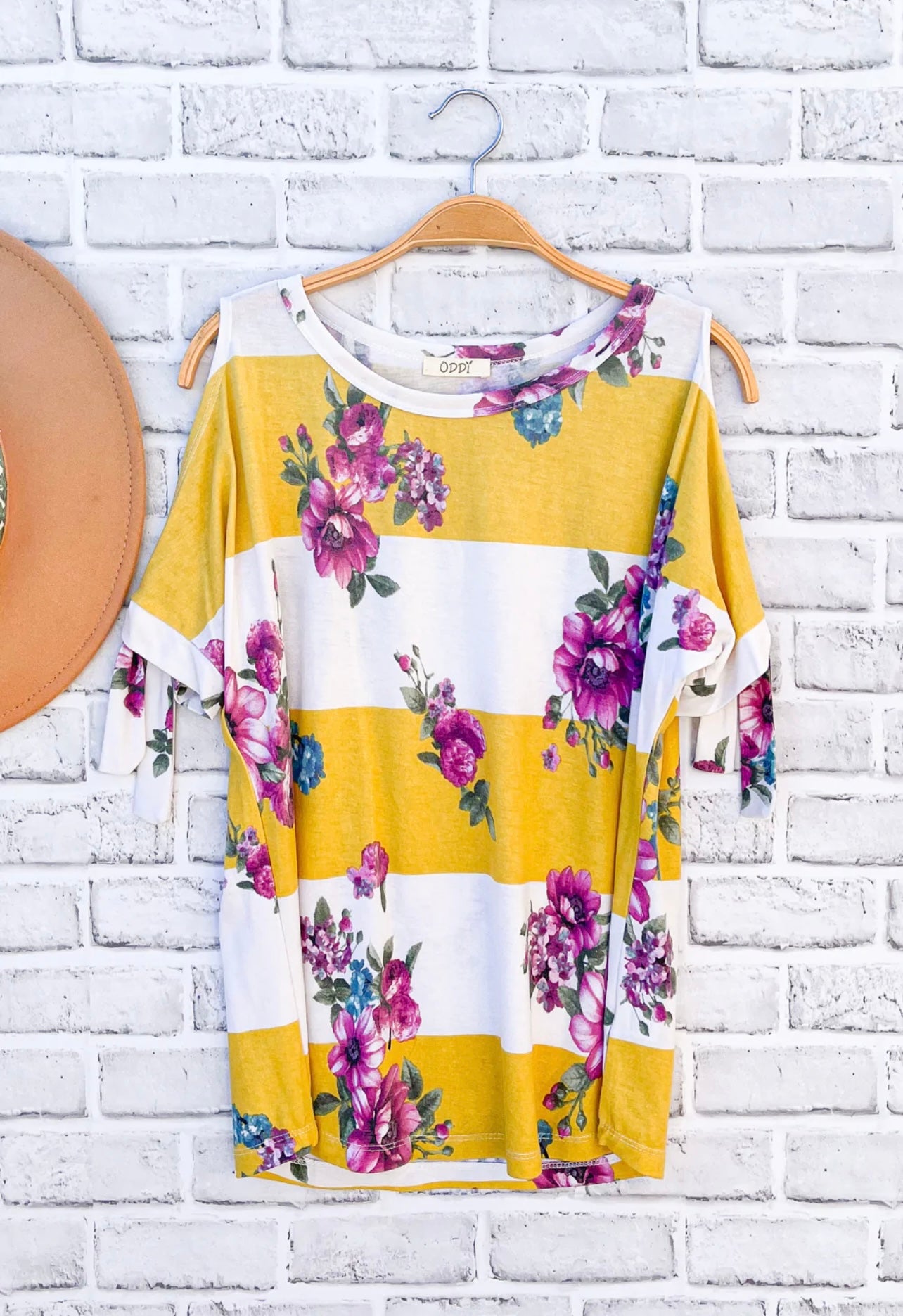 IVORY & YELLOW FLORAL COLD SHOULDER TIE SLEEVE TOP