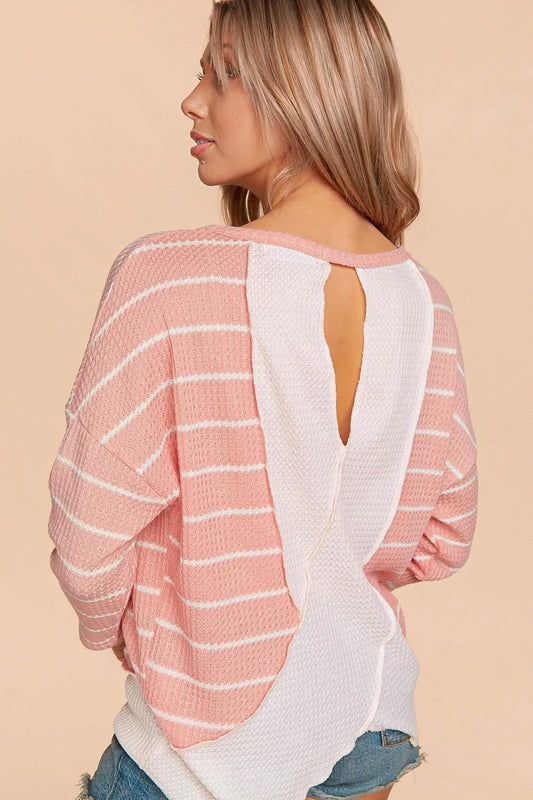 BLUSH & IVORY STRIPE WAFFLE TEXTURED BACK KEY HOLE TOP