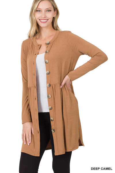 DEEP CAMEL SHIRRED WAIST BUTTONED CARDIGAN WITH SIDE POCKETS