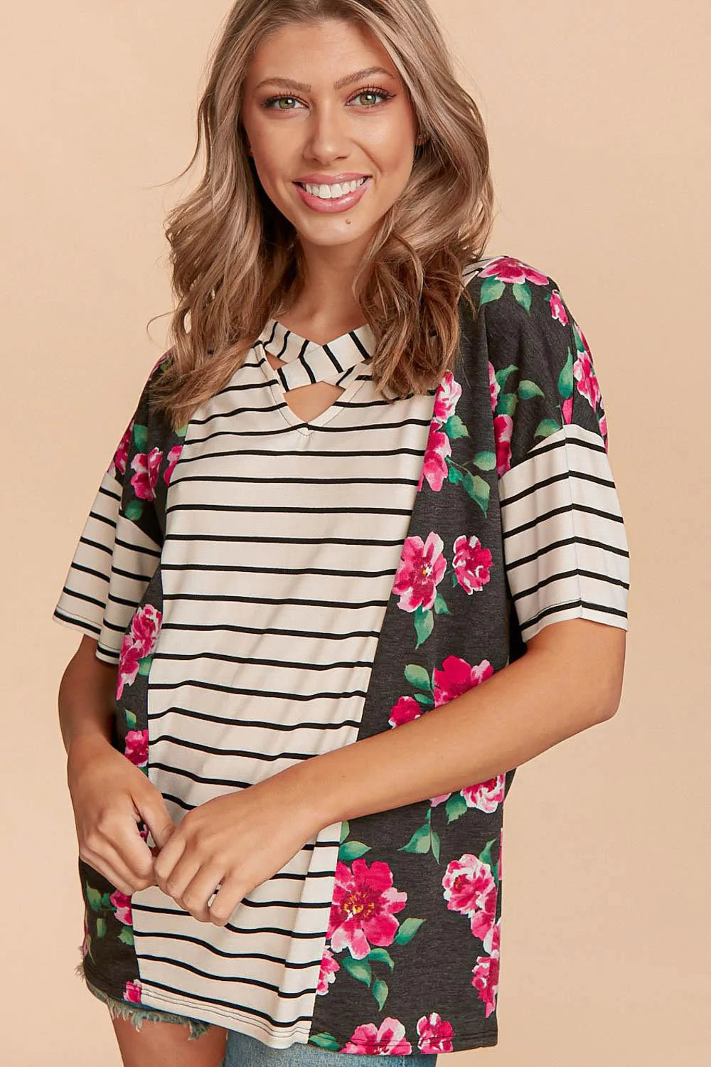 IVORY BLACK & FUCHSIA CRISS CROSS DETAIL STRIPE FLORAL TOP