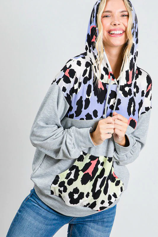 HEATHER GREY MULTI COLOR ANIMAL PRINT HOODIE