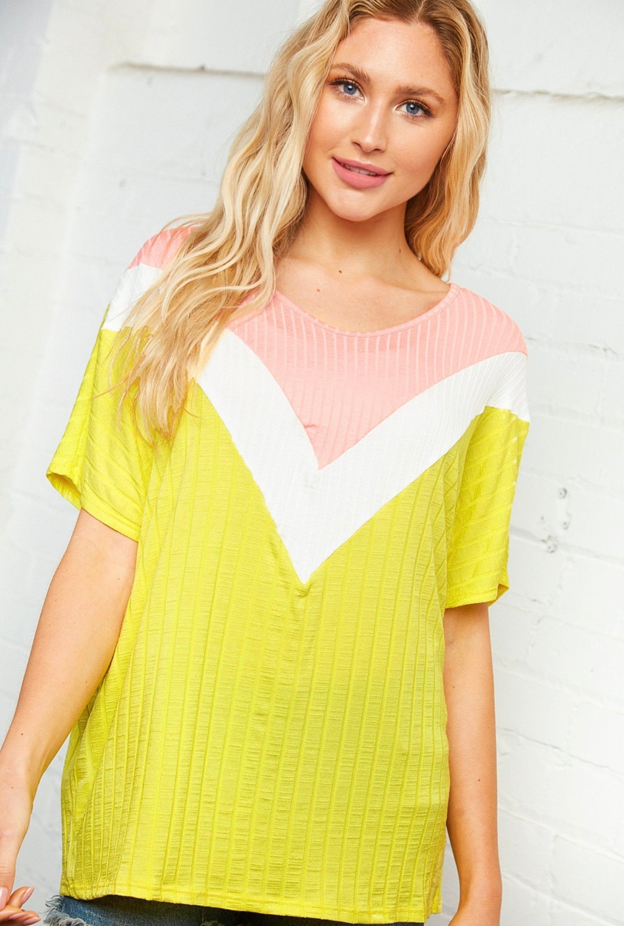 Rib Chevron Color Block Dolman Knit Top