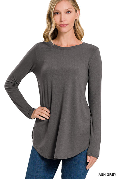 Zenana LONG SLEEVE ROUND NECK ROUND HEM TOP