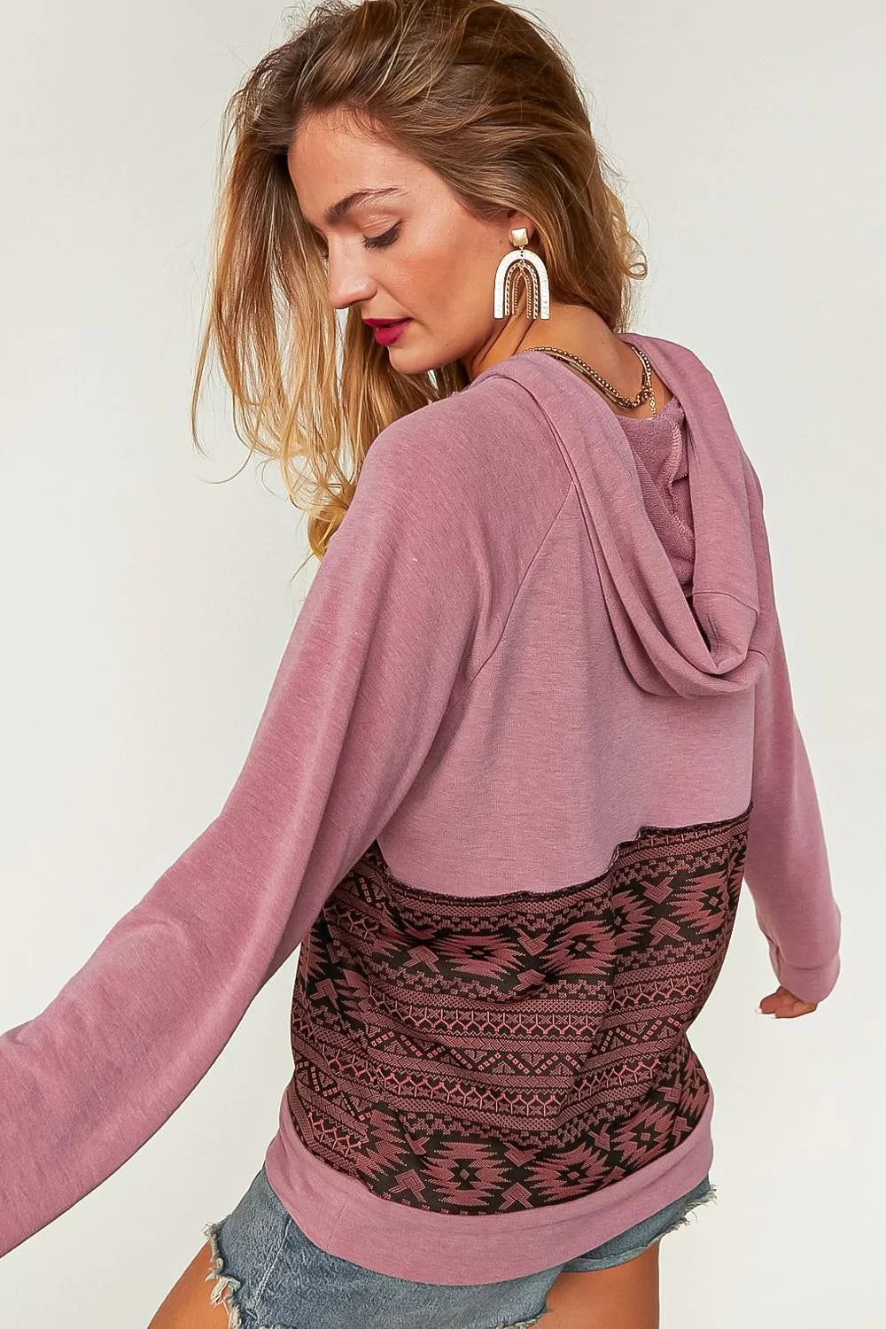 DEEP MAUVE & BLACK AZTEC BUTTON DOWN RAGLAN HOODIE