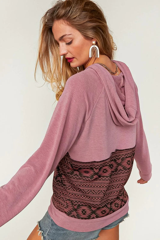 DEEP MAUVE & BLACK AZTEC BUTTON DOWN RAGLAN HOODIE