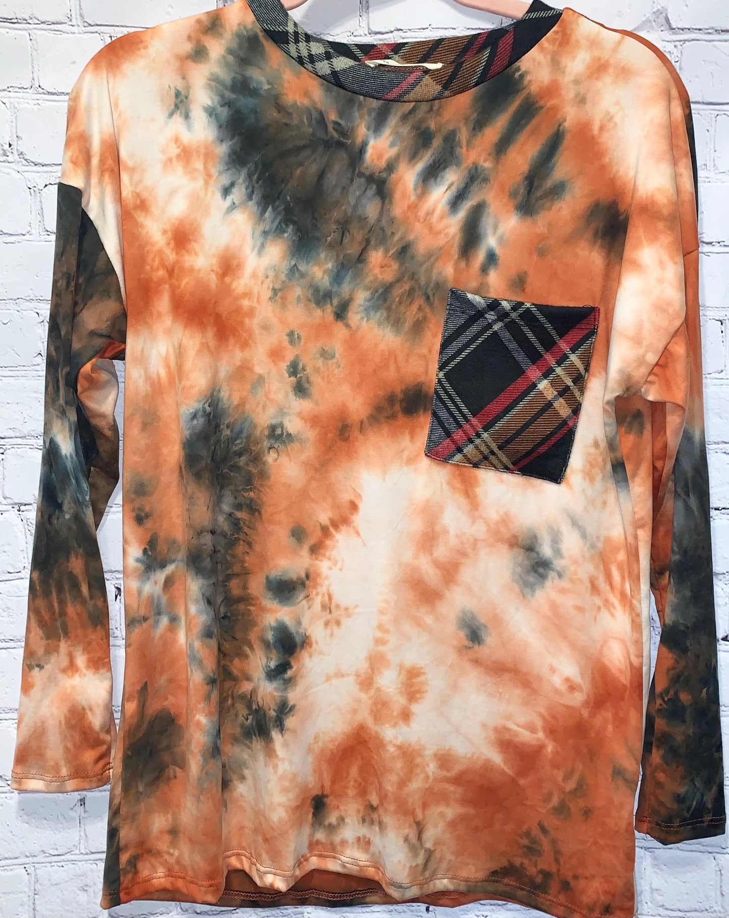 TANGERINE OR RUST TIE DYE PULLOVER WITH PLAID POCKET