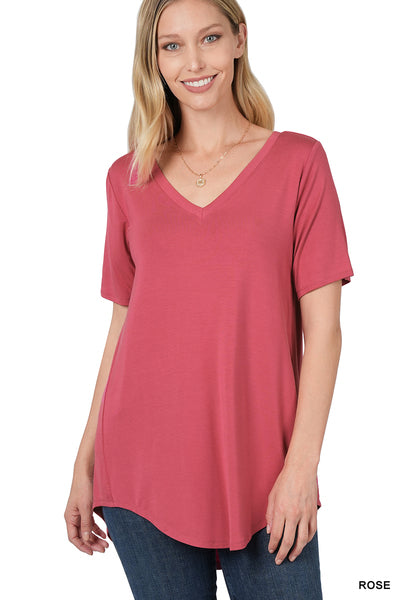 LUXE RAYON SHORT SLEEVE V-NECK HI-LOW HEM TOP