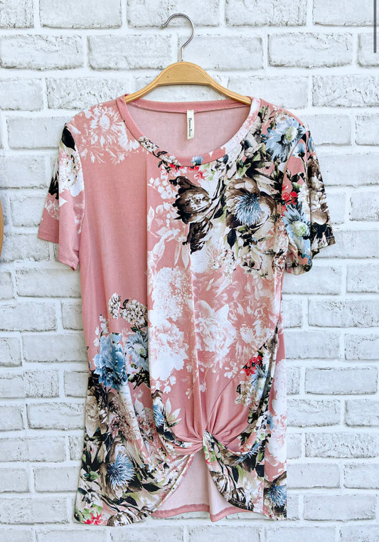 Pink Floral Twist Hem Blouse