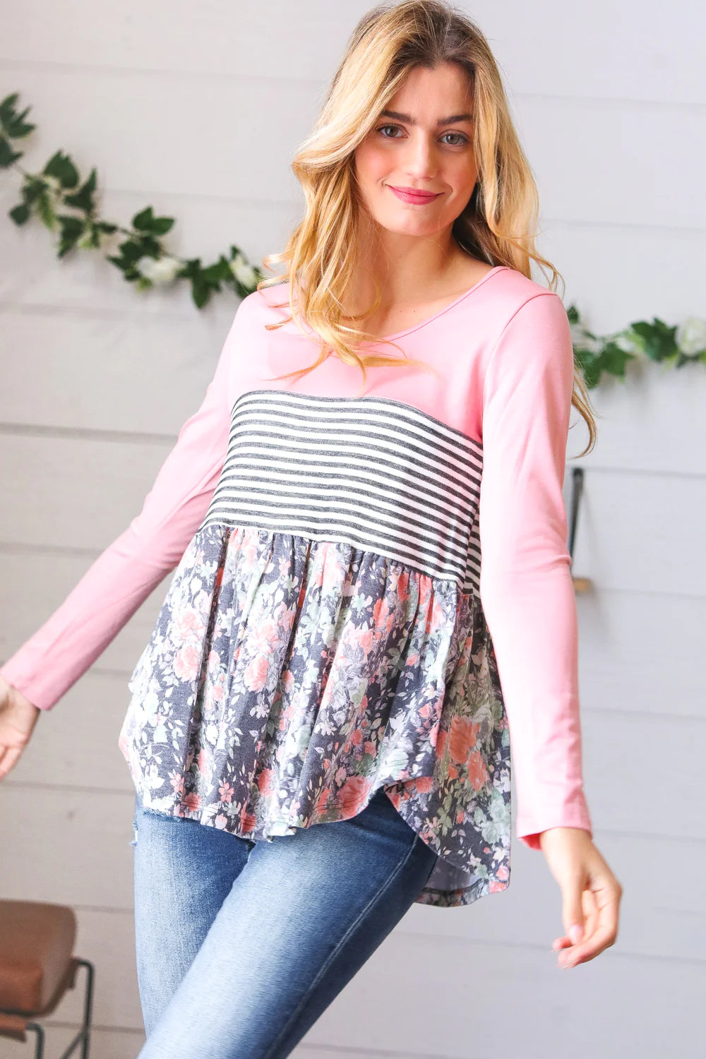 PINK STRIPE FLORAL PRINT COLOR BLOCK TOP