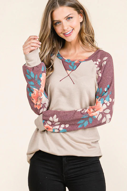 TAUPE & BURGUNDY FLORAL RAGLAN TOP