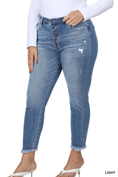 Zenana PLUS HIGH-RISE BUTTON FLY RAW HEM ANKLE SKINNY